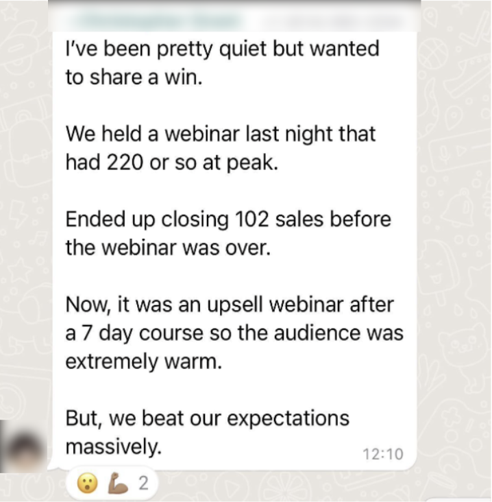 102 sales before webinar ended testimonial